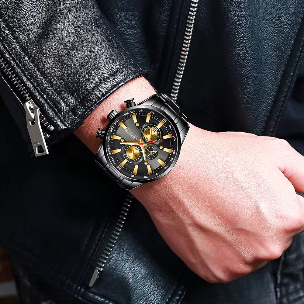 Man Watches Luxury Sporty Chronograph Wristwatches for Men Quartz Stainless Steel Band Clock Luminous Hands