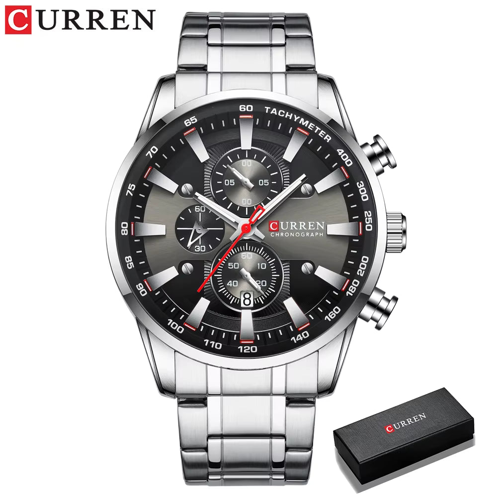 Man Watches Luxury Sporty Chronograph Wristwatches for Men Quartz Stainless Steel Band Clock Luminous Hands