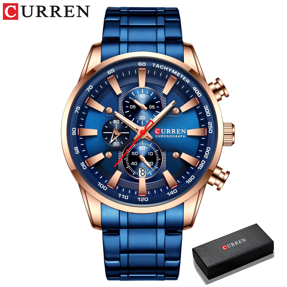Man Watches Luxury Sporty Chronograph Wristwatches for Men Quartz Stainless Steel Band Clock Luminous Hands