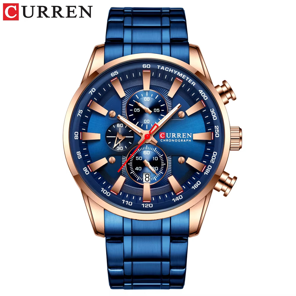 Man Watches Luxury Sporty Chronograph Wristwatches for Men Quartz Stainless Steel Band Clock Luminous Hands