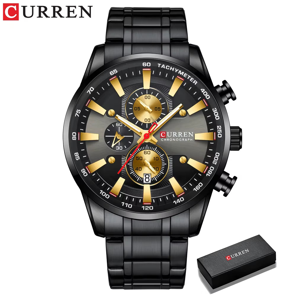 Man Watches Luxury Sporty Chronograph Wristwatches for Men Quartz Stainless Steel Band Clock Luminous Hands