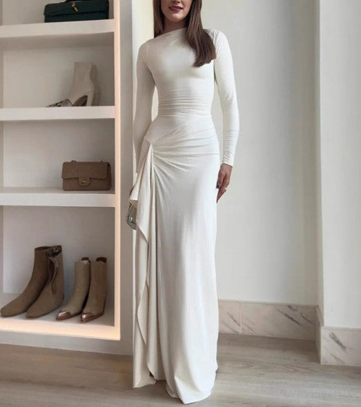 Vestido Largo Ajustado de Manga Larga con Corte Asimétrico