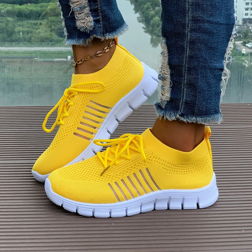 Zapatos informales amarillos de verano, zapatos planos para mujer, zapatillas de deporte de punto de malla transpirable, zapatos de tenis para mujer, zapatos ligeros para correr, zapatos de mujer