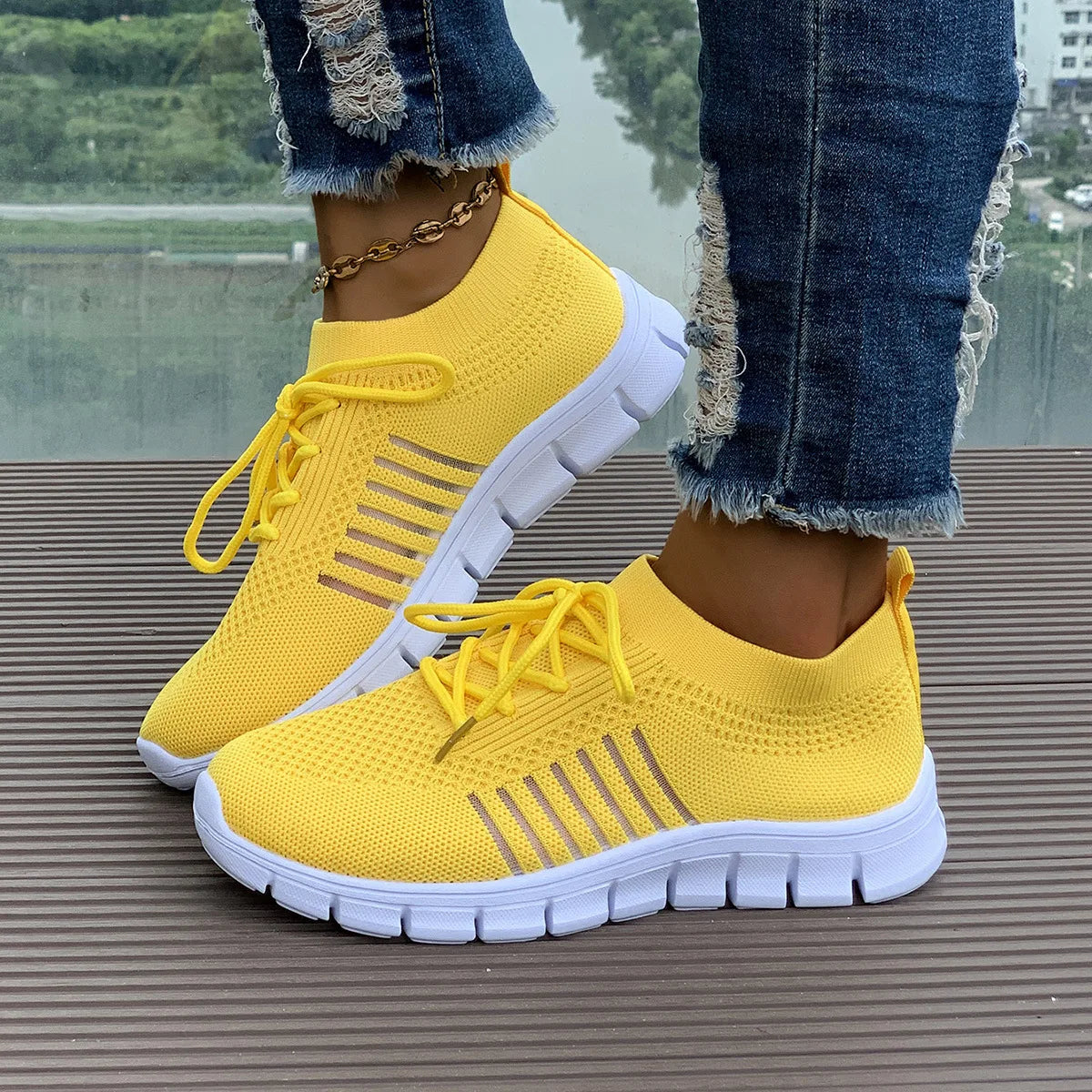 Zapatos informales amarillos de verano, zapatos planos para mujer, zapatillas de deporte de punto de malla transpirable, zapatos de tenis para mujer, zapatos ligeros para correr, zapatos de mujer