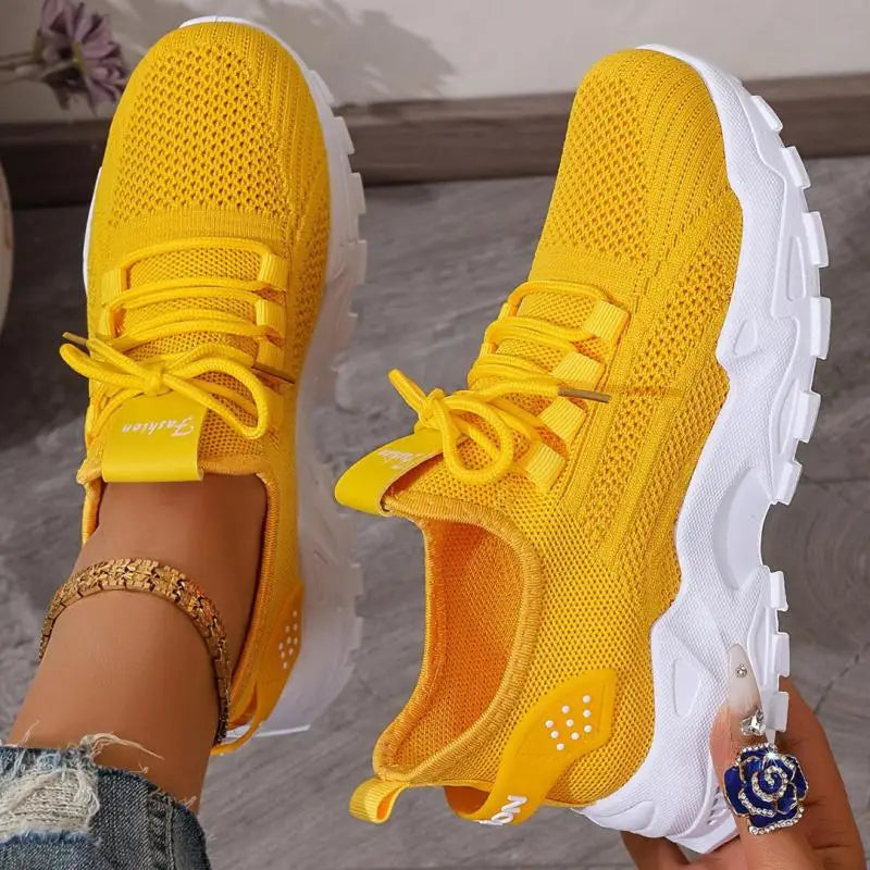 Zapatos informales amarillos de verano, zapatos planos para mujer, zapatillas de deporte de punto de malla transpirable, zapatos de tenis para mujer, zapatos ligeros para correr, zapatos de mujer