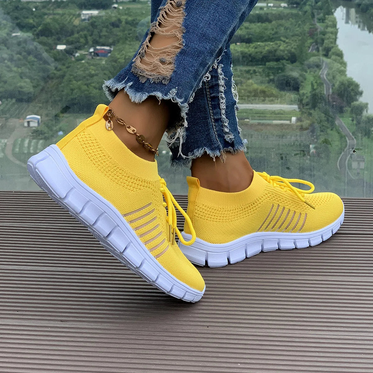 Zapatos informales amarillos de verano, zapatos planos para mujer, zapatillas de deporte de punto de malla transpirable, zapatos de tenis para mujer, zapatos ligeros para correr, zapatos de mujer