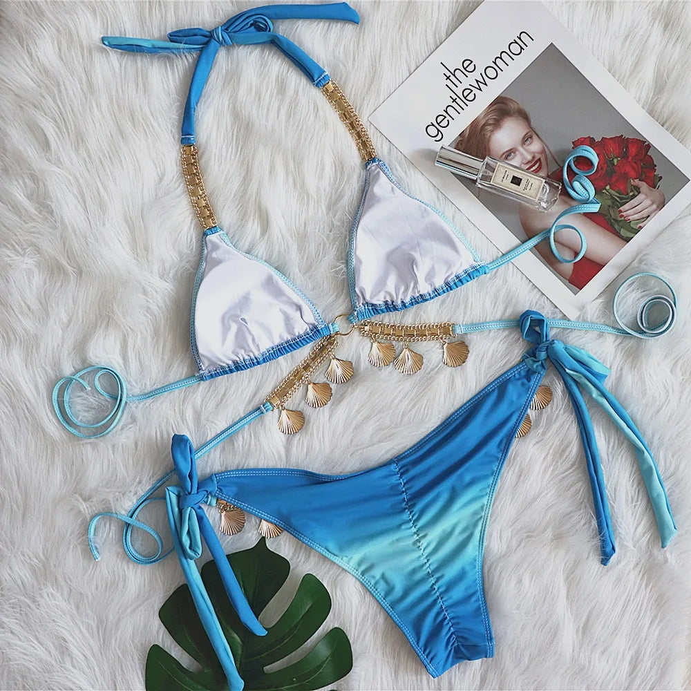 Bikini con tiras sexys y estampado degradado para mujer, modelo 2026