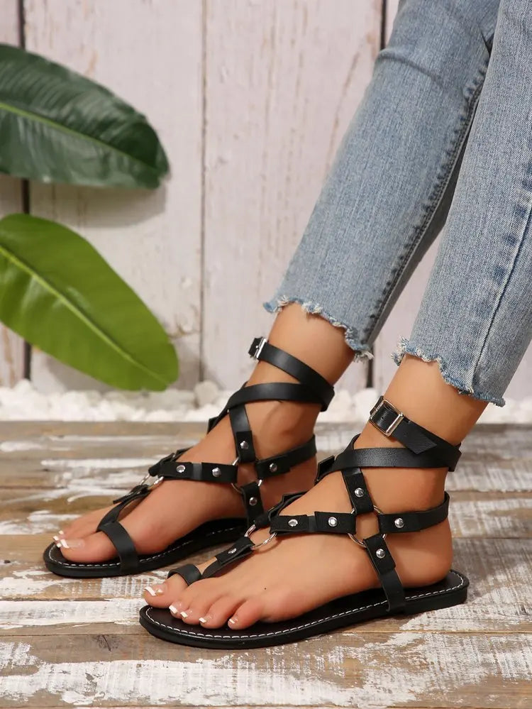 Sandalias de Mujer Roma 2026, Oferta de Verano, Sandalias Planas Retro con Hebilla en el Tobillo y Remaches, Estilo Británico, Tallas Grandes