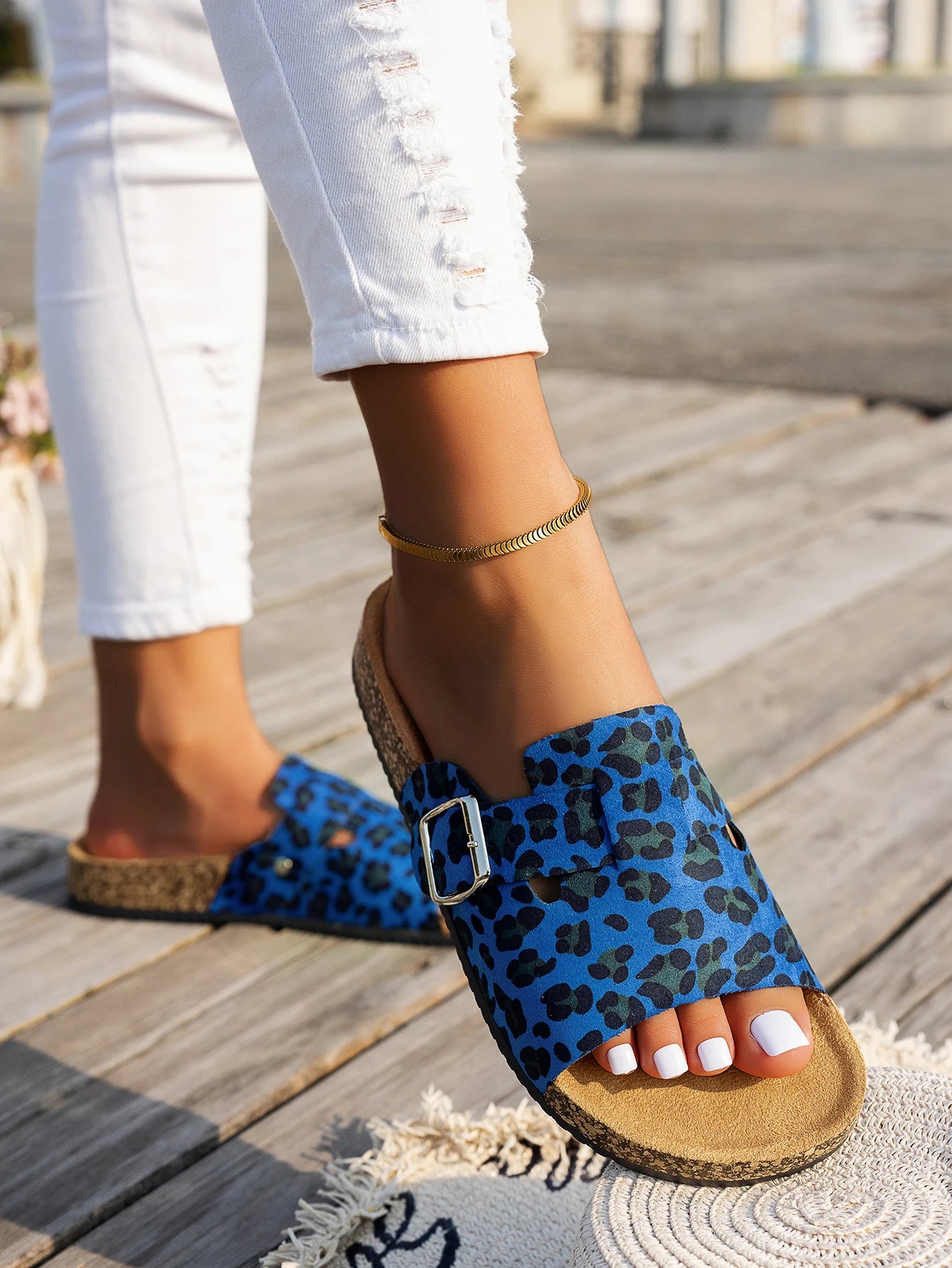 Sandalias de Punta Abierta para las Cuatro Estaciones, Nuevas Sandalias de Primavera y Otoño para Mujer, Sencillas, Casuales, Modernas, Versátiles, Sandalias con Suela de Corcho Azul y Marrón, Sandalias con Estampado Anima