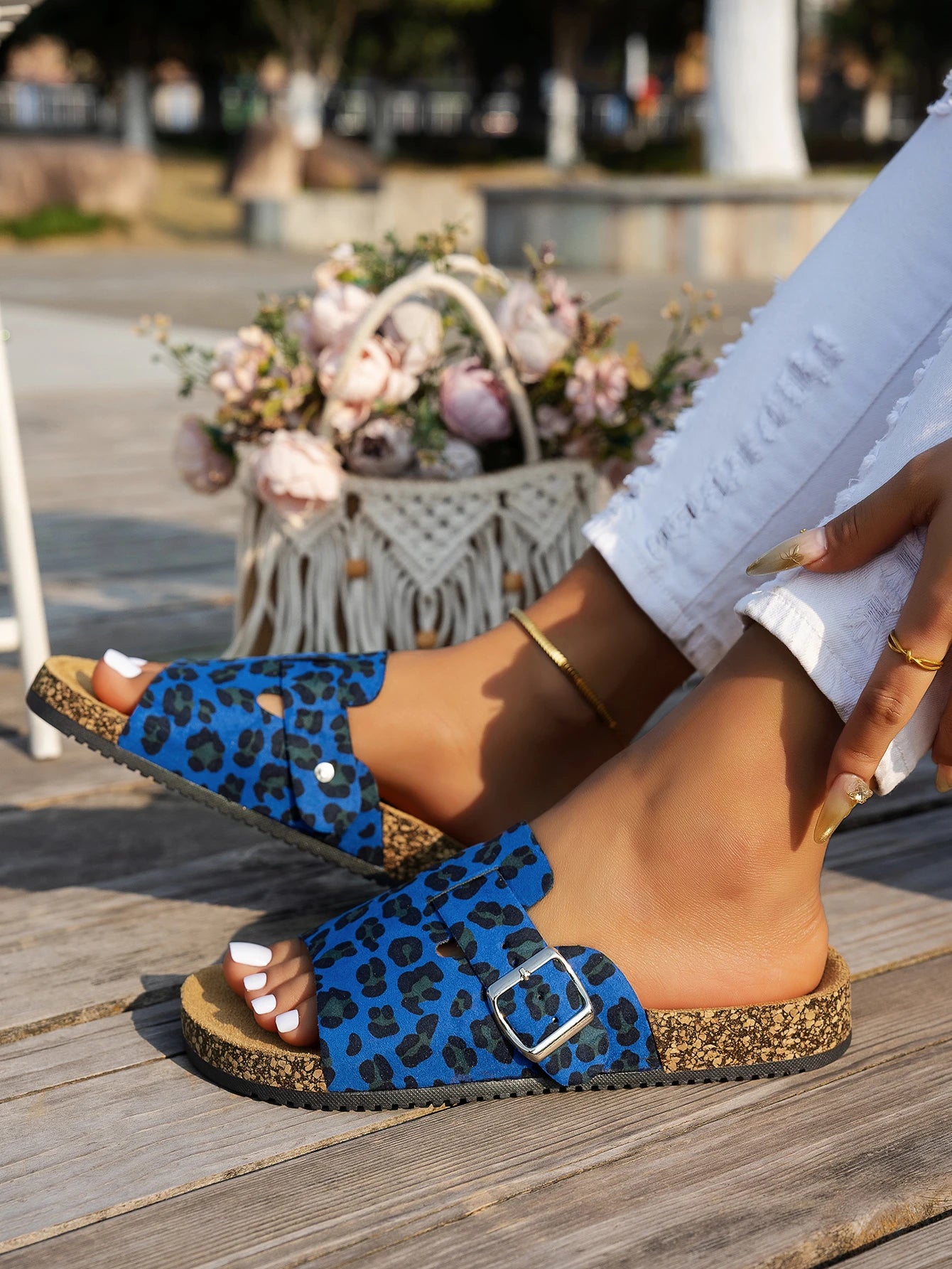 Sandalias de Punta Abierta para las Cuatro Estaciones, Nuevas Sandalias de Primavera y Otoño para Mujer, Sencillas, Casuales, Modernas, Versátiles, Sandalias con Suela de Corcho Azul y Marrón, Sandalias con Estampado Anima