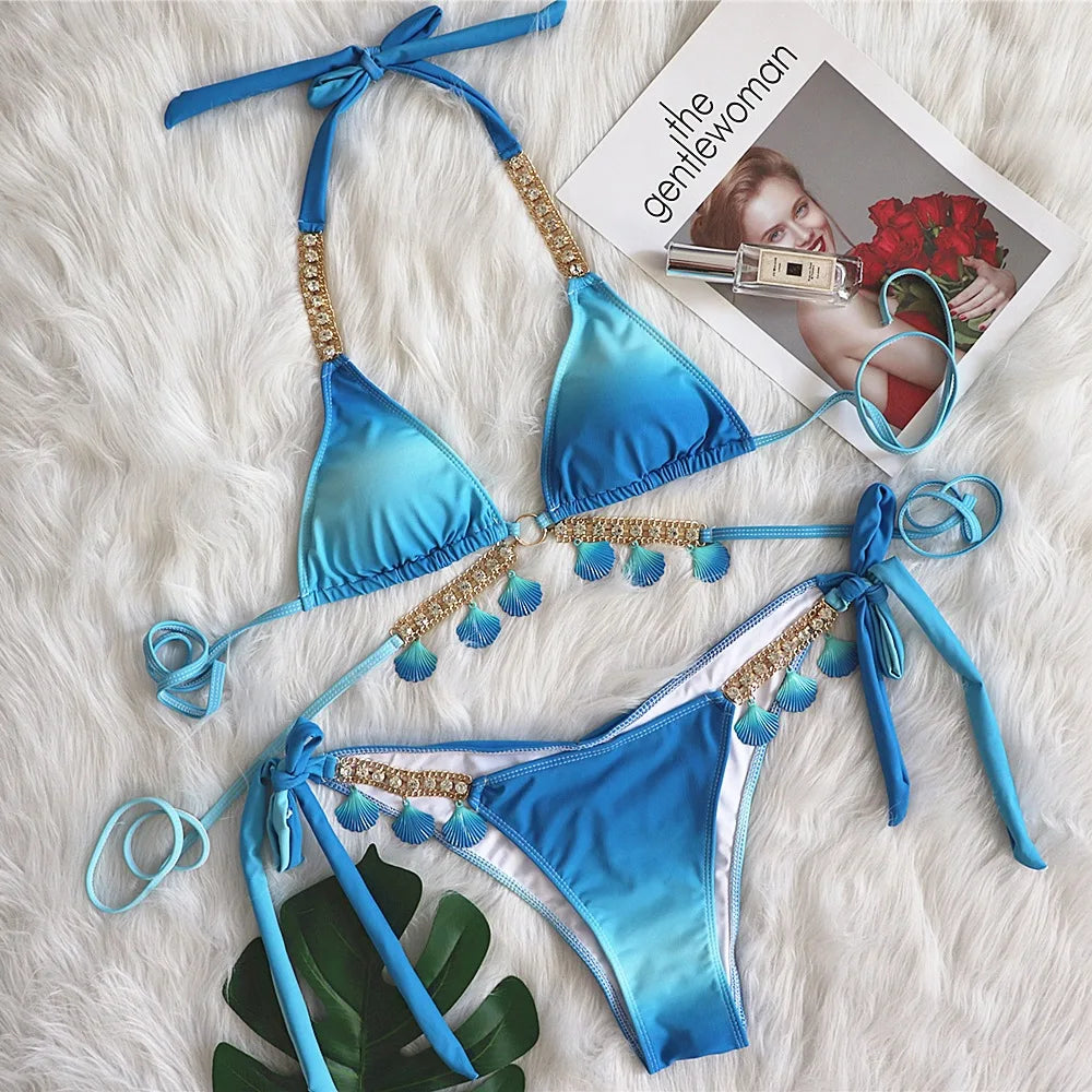 Bikini con tiras sexys y estampado degradado para mujer, modelo 2026