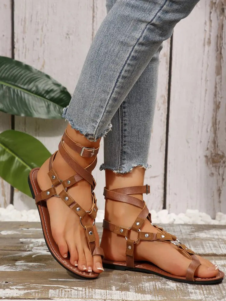 Sandalias de Mujer Roma 2026, Oferta de Verano, Sandalias Planas Retro con Hebilla en el Tobillo y Remaches, Estilo Británico, Tallas Grandes