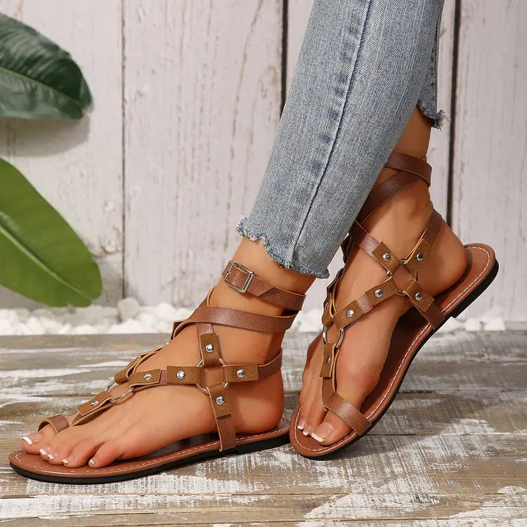 Sandalias de Mujer Roma 2026, Oferta de Verano, Sandalias Planas Retro con Hebilla en el Tobillo y Remaches, Estilo Británico, Tallas Grandes