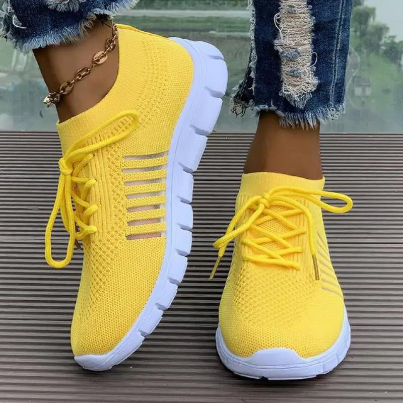 Zapatos informales amarillos de verano, zapatos planos para mujer, zapatillas de deporte de punto de malla transpirable, zapatos de tenis para mujer, zapatos ligeros para correr, zapatos de mujer