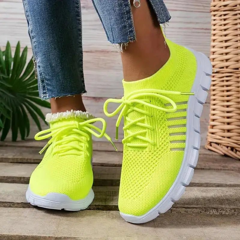 Zapatos informales amarillos de verano, zapatos planos para mujer, zapatillas de deporte de punto de malla transpirable, zapatos de tenis para mujer, zapatos ligeros para correr, zapatos de mujer