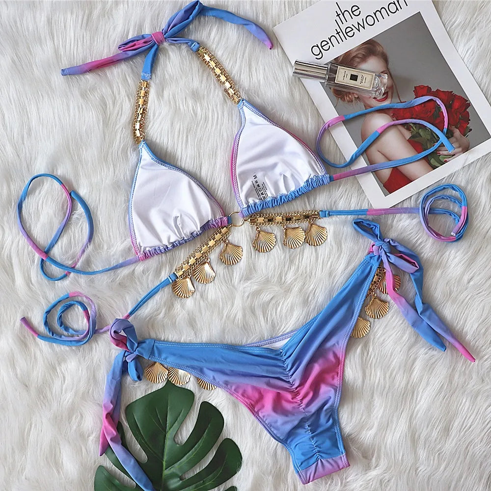 Bikini con tiras sexys y estampado degradado para mujer, modelo 2026