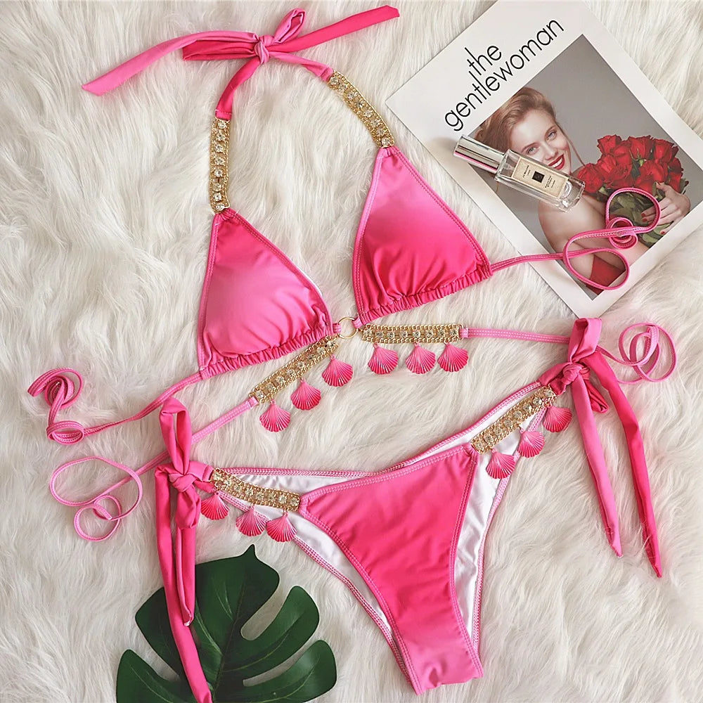 Bikini con tiras sexys y estampado degradado para mujer, modelo 2026