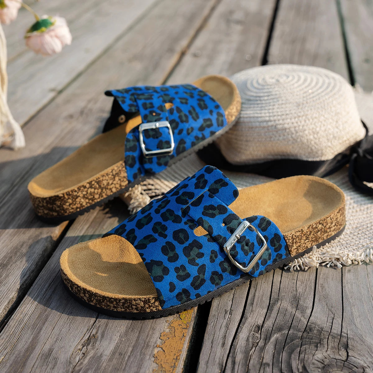 Sandalias de Punta Abierta para las Cuatro Estaciones, Nuevas Sandalias de Primavera y Otoño para Mujer, Sencillas, Casuales, Modernas, Versátiles, Sandalias con Suela de Corcho Azul y Marrón, Sandalias con Estampado Anima