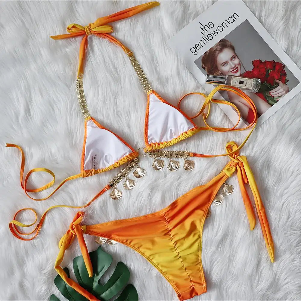 Bikini con tiras sexys y estampado degradado para mujer, modelo 2026