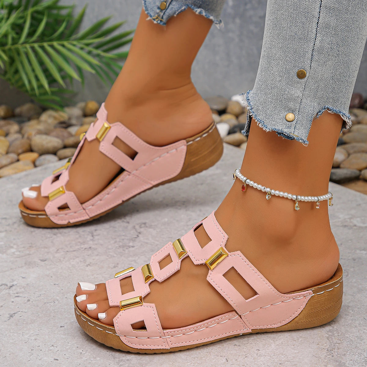 Sandalias de mujer de estilo romano de gran tamaño, zapatillas de playa con punta abierta, cuñas de verano, zapatos cómodos sin cordones para exteriores para mujer