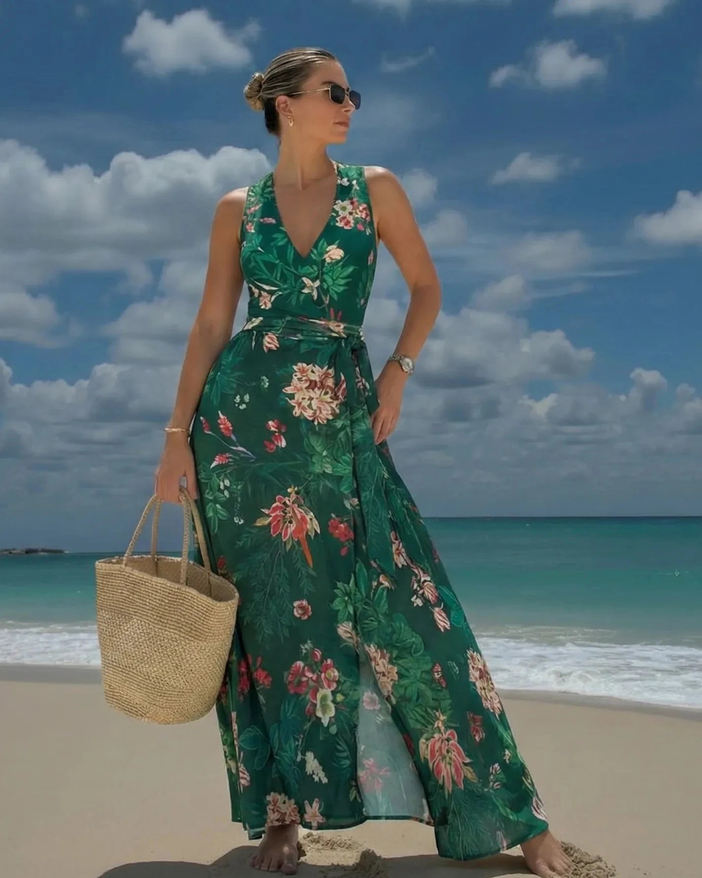 Traje de baño de una pieza con estampado verde Vintage para mujer