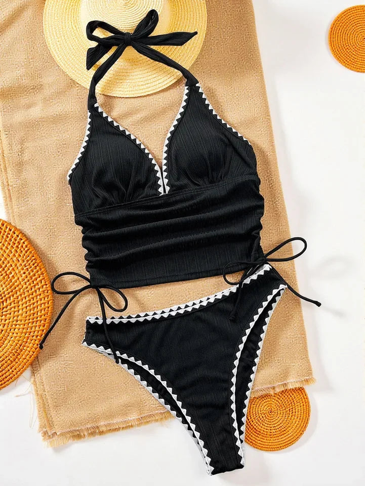 Conjunto de bikini 2026 para mujer, negro, con cordones, para playa o piscina