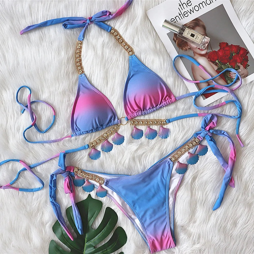 Bikini con tiras sexys y estampado degradado para mujer, modelo 2026