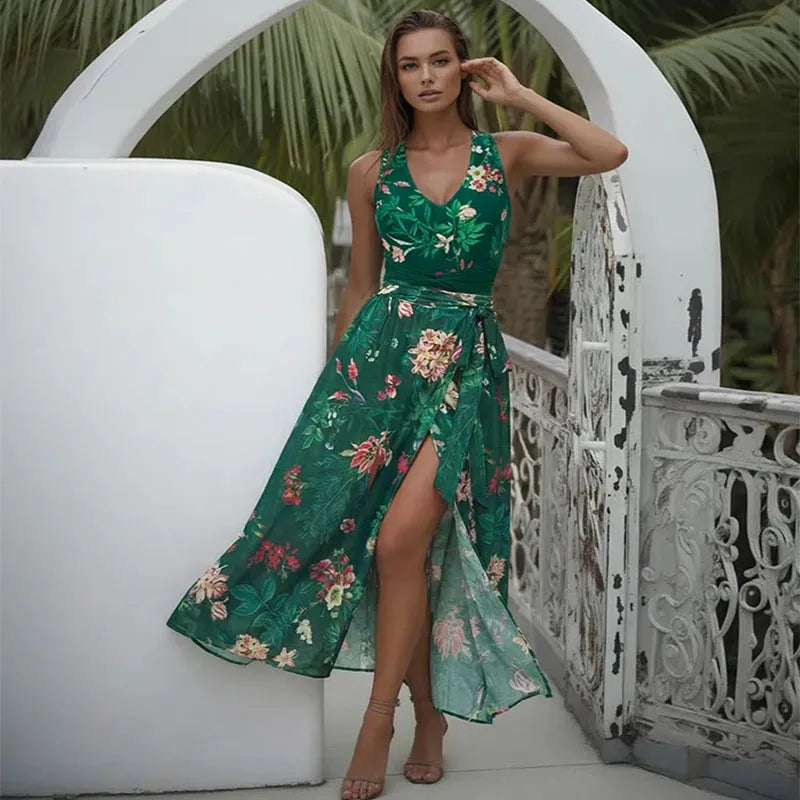 Traje de baño de una pieza con estampado verde Vintage para mujer