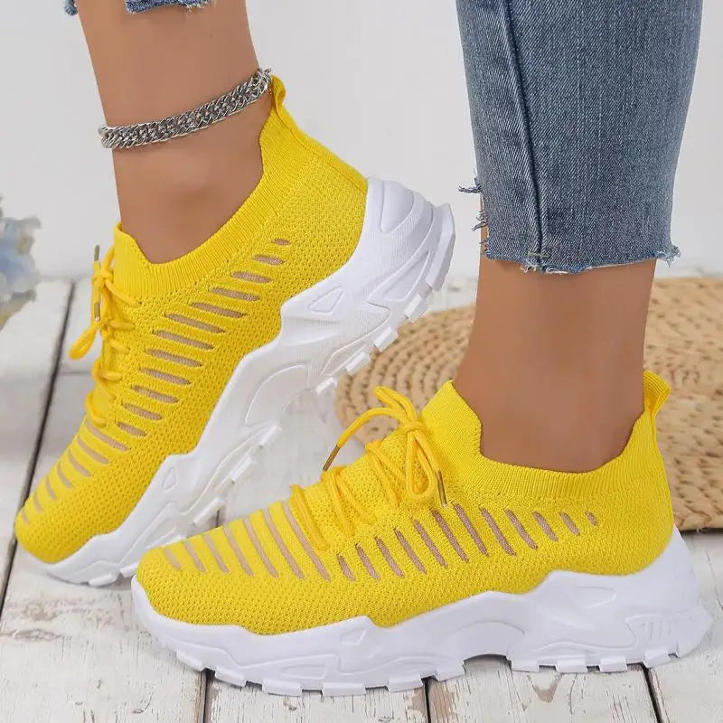Zapatos informales amarillos de verano, zapatos planos para mujer, zapatillas de deporte de punto de malla transpirable, zapatos de tenis para mujer, zapatos ligeros para correr, zapatos de mujer