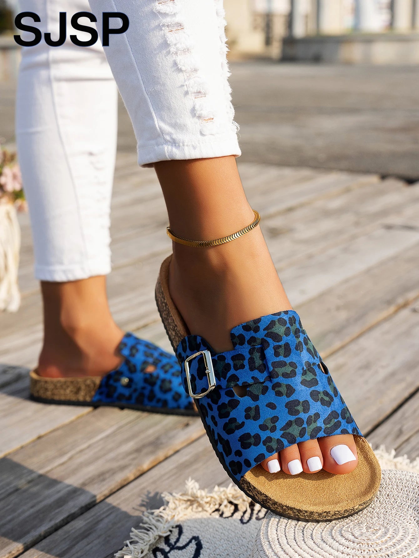 Sandalias de Punta Abierta para las Cuatro Estaciones, Nuevas Sandalias de Primavera y Otoño para Mujer, Sencillas, Casuales, Modernas, Versátiles, Sandalias con Suela de Corcho Azul y Marrón, Sandalias con Estampado Anima