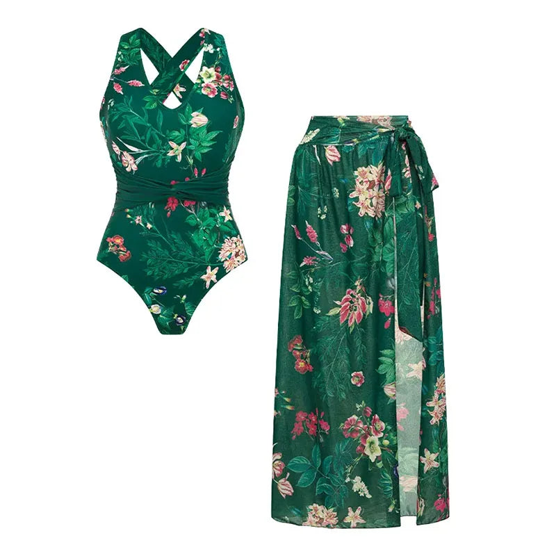 Traje de baño de una pieza con estampado verde Vintage para mujer