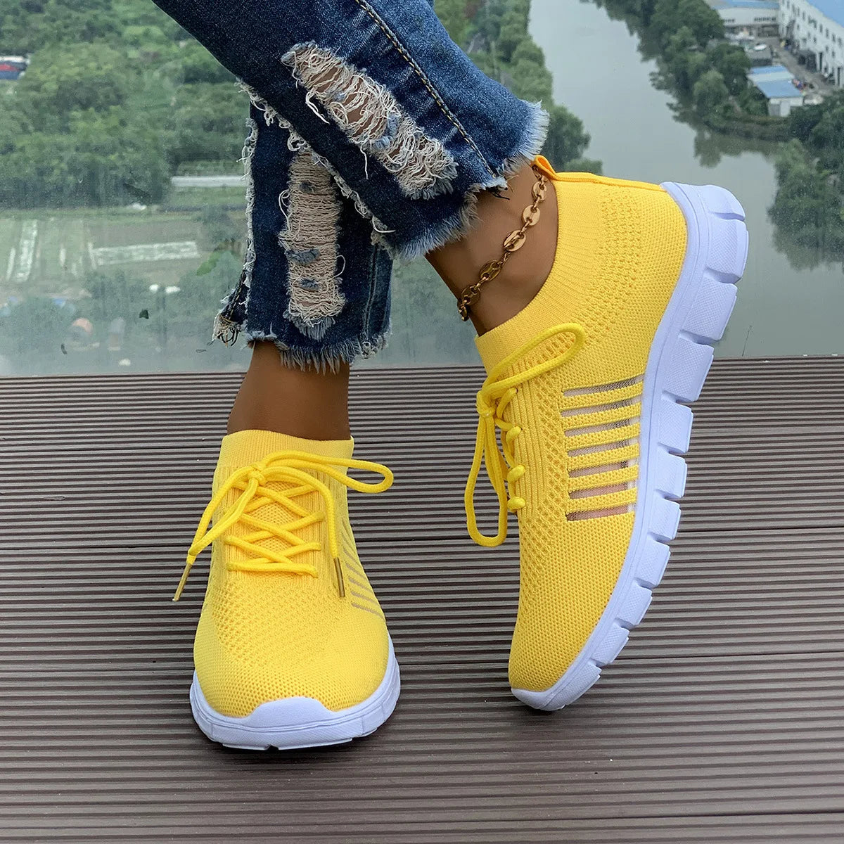 Zapatos informales amarillos de verano, zapatos planos para mujer, zapatillas de deporte de punto de malla transpirable, zapatos de tenis para mujer, zapatos ligeros para correr, zapatos de mujer