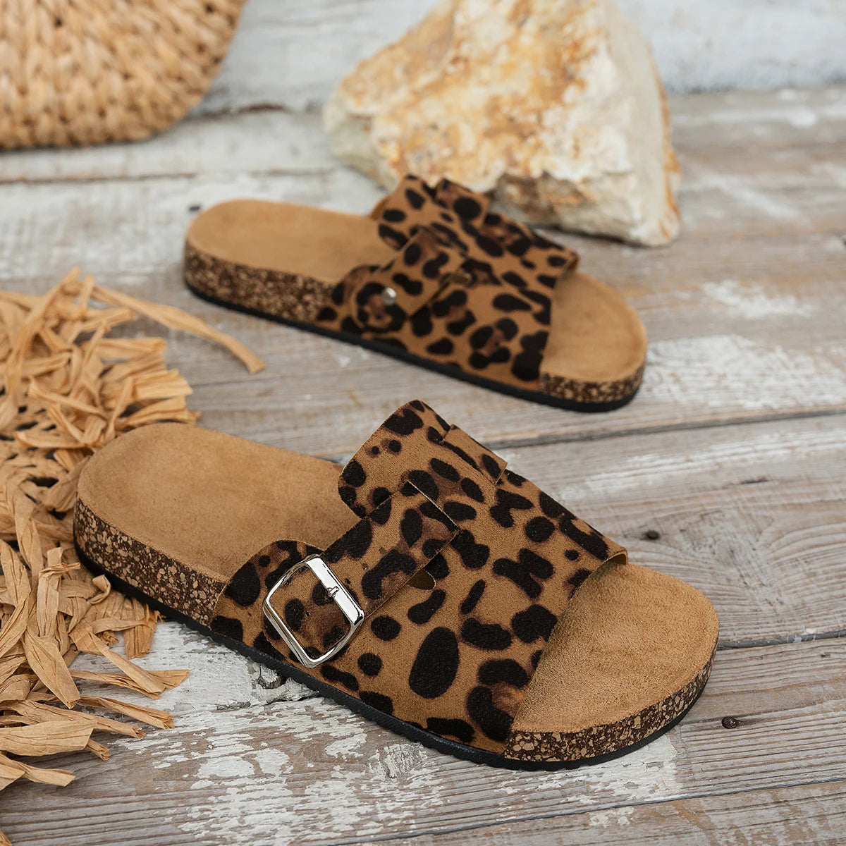 Sandalias de Punta Abierta para las Cuatro Estaciones, Nuevas Sandalias de Primavera y Otoño para Mujer, Sencillas, Casuales, Modernas, Versátiles, Sandalias con Suela de Corcho Azul y Marrón, Sandalias con Estampado Anima