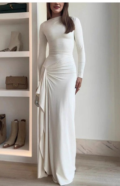 Vestido Largo Ajustado de Manga Larga con Corte Asimétrico