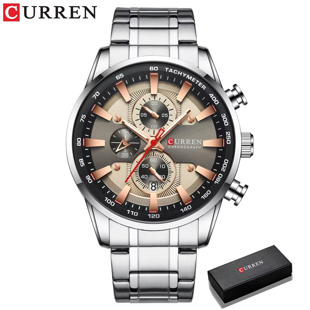 Man Watches Luxury Sporty Chronograph Wristwatches for Men Quartz Stainless Steel Band Clock Luminous Hands